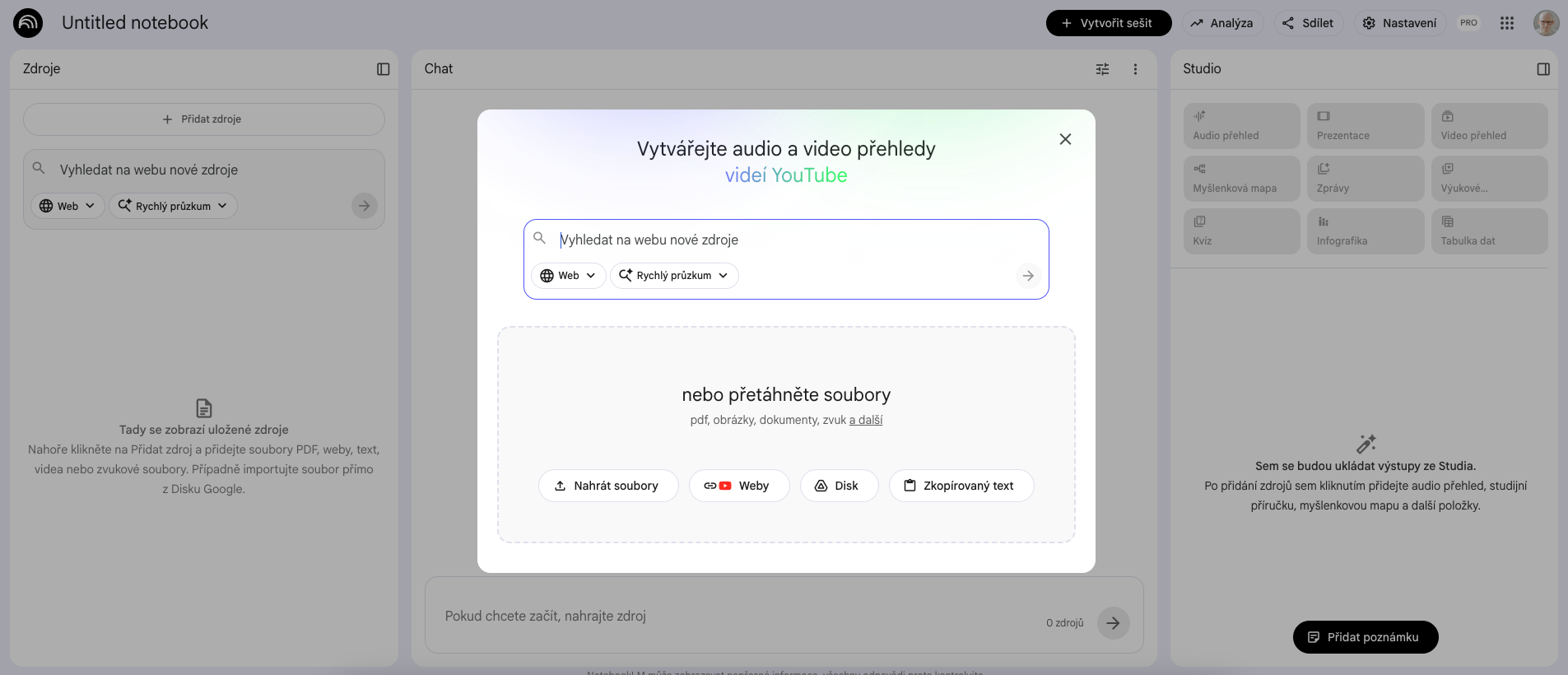 NotebookLM - importování zdrojů
